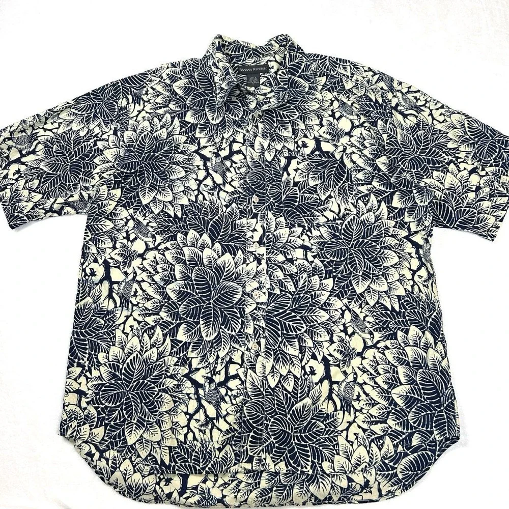 Vintage 90s Banana Republic Men's Tropical Leaf Bird Cotton Shirt Size XL